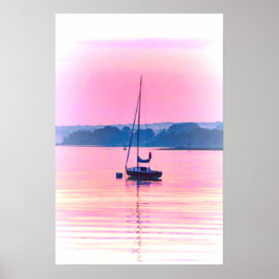 Zeilboot drijft vroeg in de ochtend licht. poster