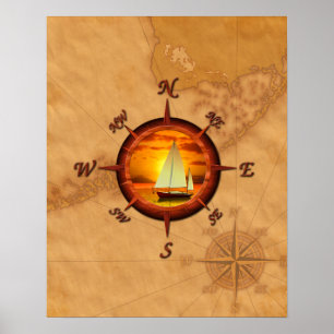 Zeilboot en kompas Roos Poster