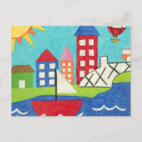 Zeilboot en luchtballon met Cityscape