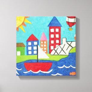 Zeilboot en luchtballon met Cityscape Canvas Afdruk