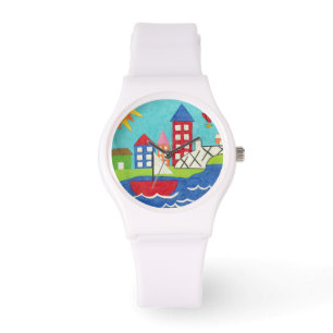 Zeilboot en luchtballon met Cityscape Horloge