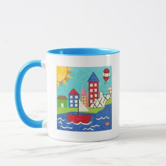 Zeilboot en luchtballon met Cityscape Mok (Links)