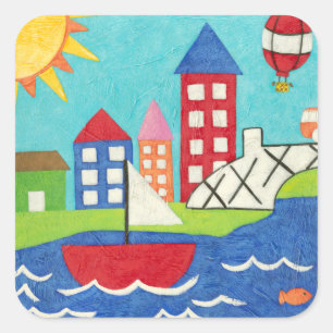Zeilboot en luchtballon met Cityscape Vierkante Sticker