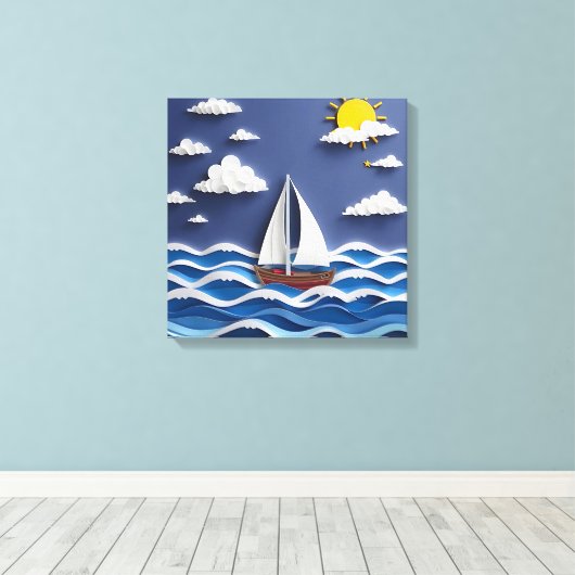Zeilboot en zon | Papierquilling Canvas Afdruk (Insitu (Houten vloer))