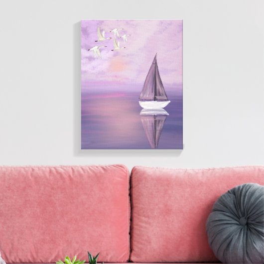 Zeilboot en zwanen bij zonsondergang - Paarse Canv Canvas Afdruk (Insitu (Woonkamer))