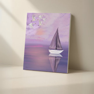 Zeilboot en zwanen bij zonsondergang - Paarse Canv Canvas Afdruk