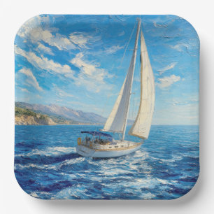Zeilboot Impasto Schilderij Papieren Bordje