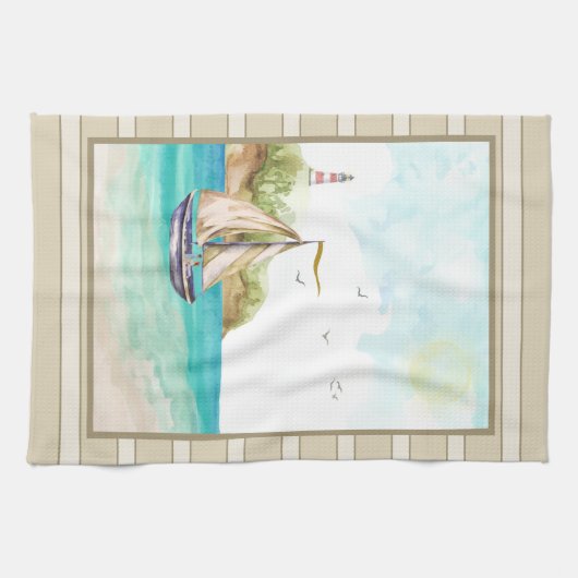 Zeilboot in een Turquoise Ocean Kitchen Towel Theedoek (Horizontaal)