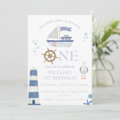Zeilboot jongen 1e verjaardag kaart (Staand voorkant)