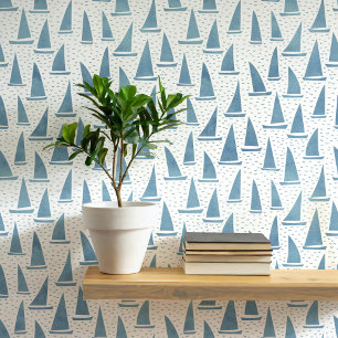 Zeilboot Kust Blauw en Wit Behang