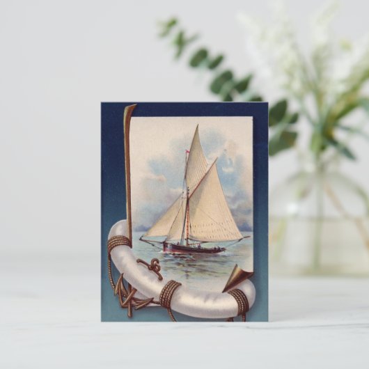  zeilboot met reddingsboten, touw en anker briefkaart (Staand voorkant)