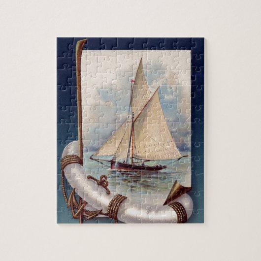 zeilboot met reddingsboten, touw en anker legpuzzel (Verticaal)