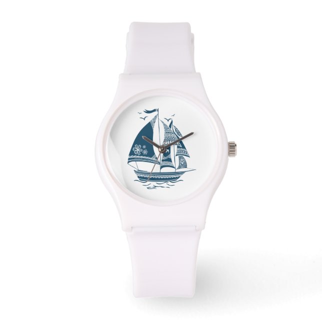 Zeilboot met zeeblauwe zeewind horloge (Voorkant)