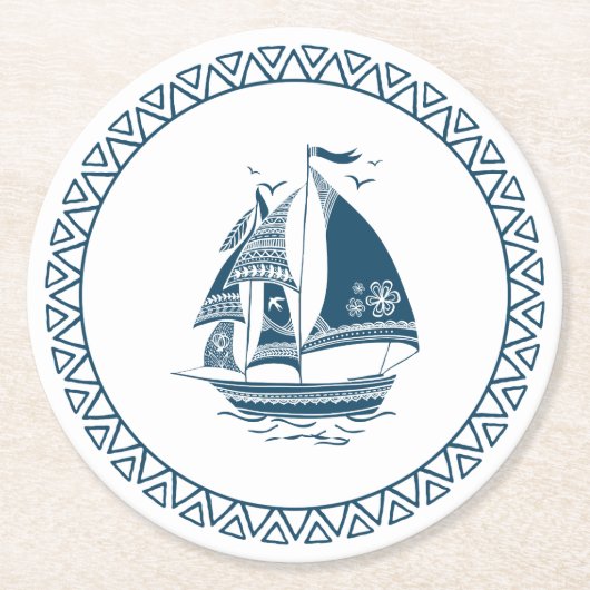 Zeilboot met zeeblauwe zeewind ronde kartonnen onderzetter (Voorkant)