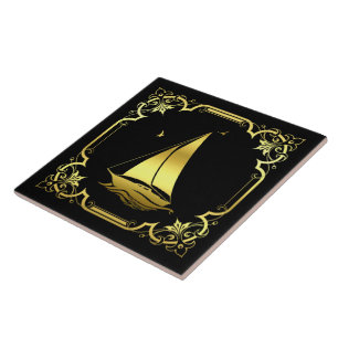 Zeilboot met zeezeilsilhouet/goud/zwart tegeltje