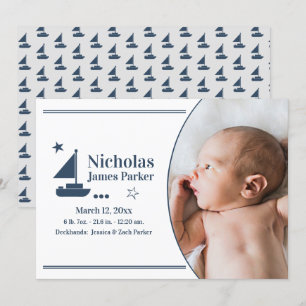 Zeilboot Nautical Birth met foto Announcemen Kaart
