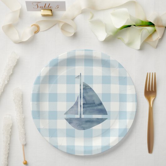 Zeilboot Nautical Blue Gingham Check Pattern Papieren Bordje (Huwelijk)