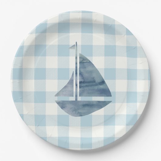 Zeilboot Nautical Blue Gingham Check Pattern Papieren Bordje (Voorkant)