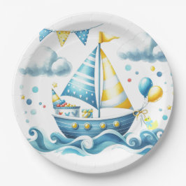 Zeilboot Nautisch Blauw Baby shower Papieren Bordje