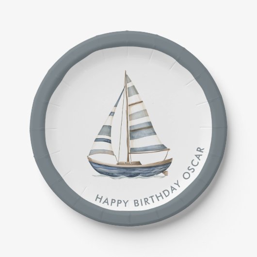 Zeilboot nautische verjaardag papieren bordje (Voorkant)