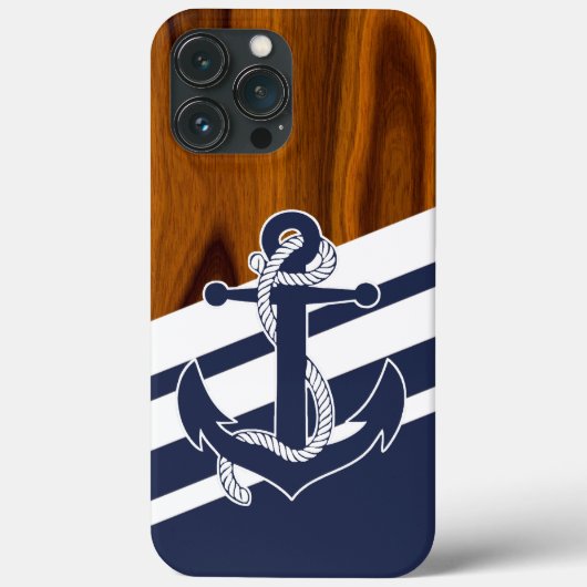 Zeilboot Navy Blue White Stripe Wood Grain Pattern Case-Mate iPhone Case (Achterkant)