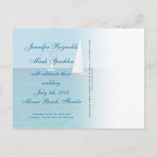 Zeilboot Ocean Destination Wedding Save the Date Aankondigingskaart (Achterkant)
