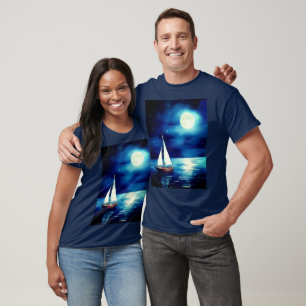 Zeilboot onder een volle maan t-shirt