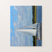 Zeilboot op de rivier legpuzzel (Verticaal)