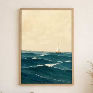 Zeilboot op deining watercolour kustkunstposter poster