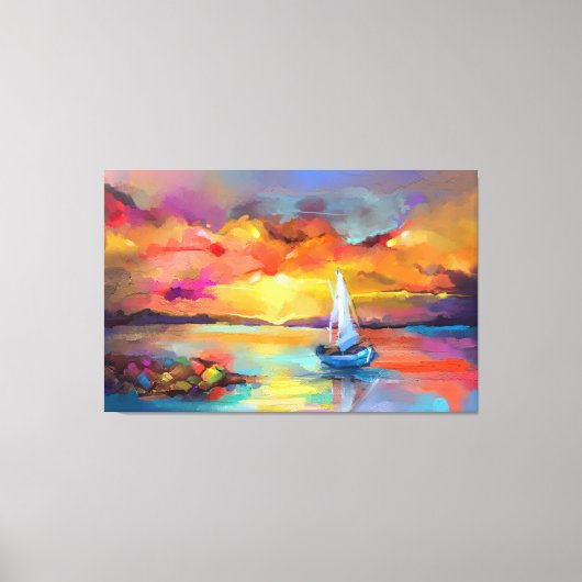 Zeilboot op het meer met zonnescherm canvas afdruk (Voorkant)