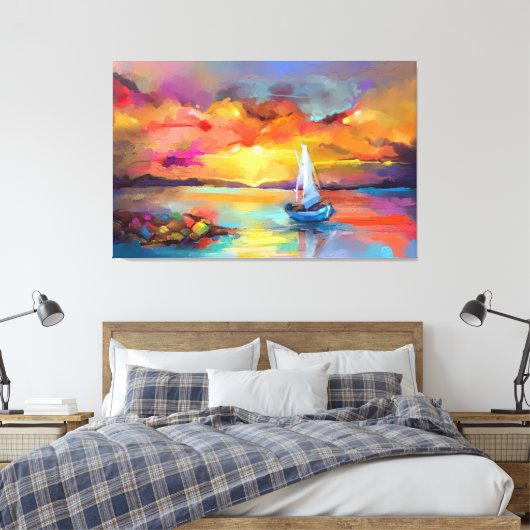 Zeilboot op het meer met zonnescherm canvas afdruk (Insitu (Slaapkamer))