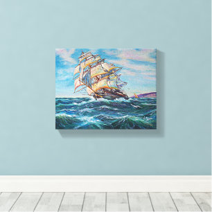Zeilboot op ruw water, fijne kunst, 10x8 canvas afdruk