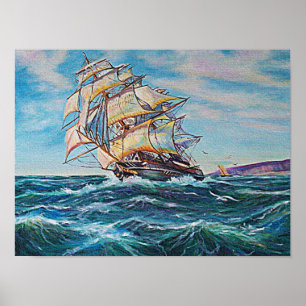 Zeilboot op ruwe zee kleine waters poster