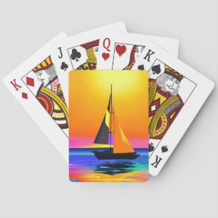 Zeilboot tegen een levendige oceaan zonsondergang pokerkaarten