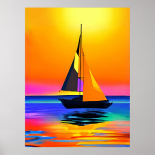 Zeilboot tegen een levendige oceaan zonsondergang poster
