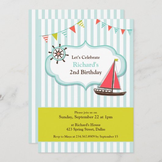 Zeilboot Verjaardagsfeest Platte Uitnodiging (Voorkant / Achterkant)