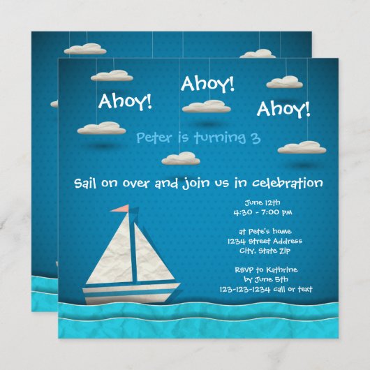 Zeilboot & Wolken - Uitnodiging voor verjaardag (Voorkant / Achterkant)