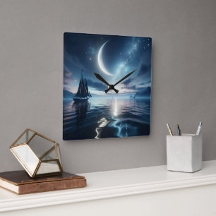 Zeilboot Zeilen op Moonlit Water Vierkante Klok