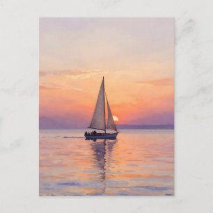 Zeilboot Zonsondergang Aquarel Zeegezicht Briefkaart