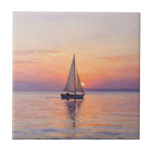 Zeilboot Zonsondergang Aquarel Zeegezicht Tegeltje