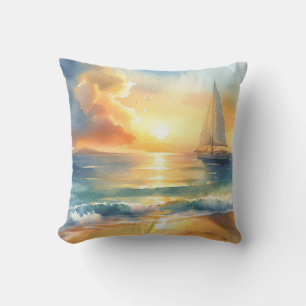 Zeilboot Zonsondergang Oceaan Aquarellen Kussen
