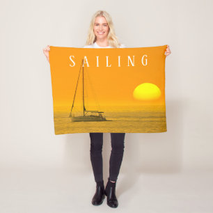 Zeilboot Zonsondergang Oranje Lucht Grote Zon, Wit Fleece Deken