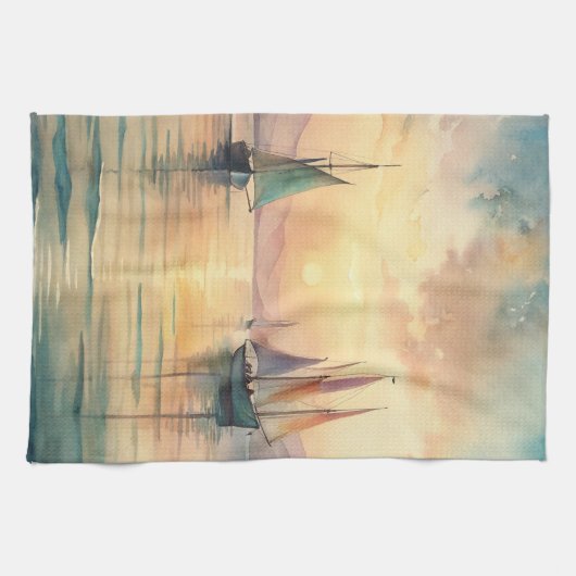 Zeilboten bij zonsondergang theedoek (Horizontaal)