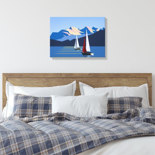Zeilboten en bergen canvas afdruk (Insitu (Slaapkamer))