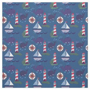 Zeilboten en walvissen Whimsical Nautical Stof