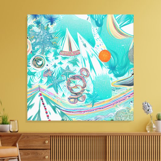 Zeilboten en Zee Creatures Abstracte Beachy Art Canvas Afdruk (Insitu (Woonkamer))
