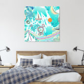 Zeilboten en Zee Creatures Abstracte Beachy Art Canvas Afdruk (Insitu (Slaapkamer))