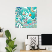 Zeilboten en Zee Creatures Abstracte Beachy Art Poster (Thuiskantoor)