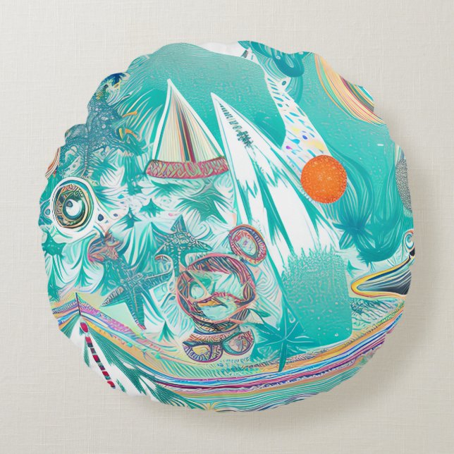 Zeilboten en Zee Creatures Abstracte Beachy Art Rond Kussen (Voorkant)