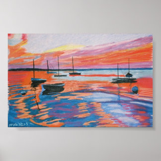 zeilboten en zonsondergang poster